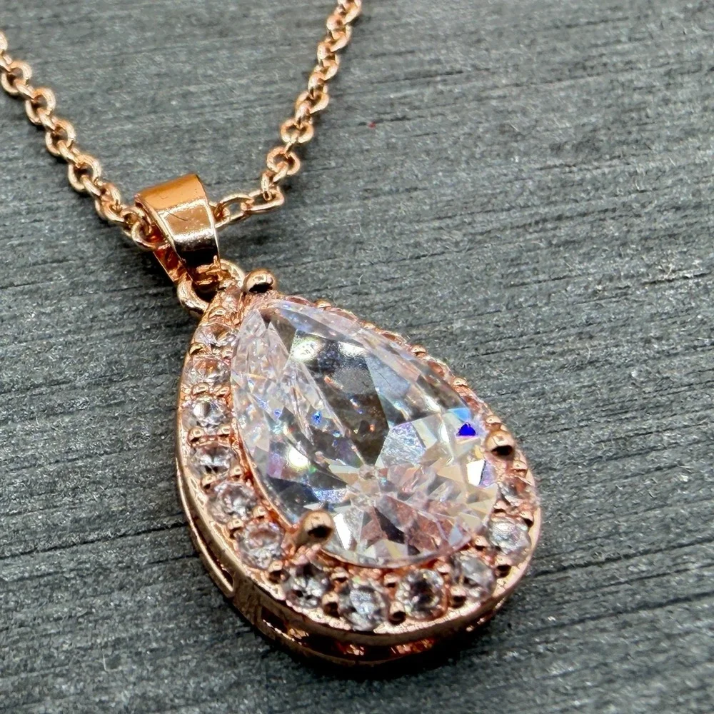 Rose Gold Tone Pear Cut CZ Halo Pendant Necklace Clear Crystal Bridal Jewelry